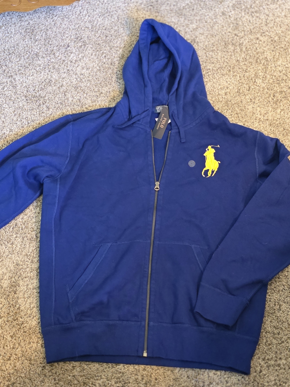 Polo by Ralph Lauren Mens Blue Zip-Up Hoodie with Yellow Logo